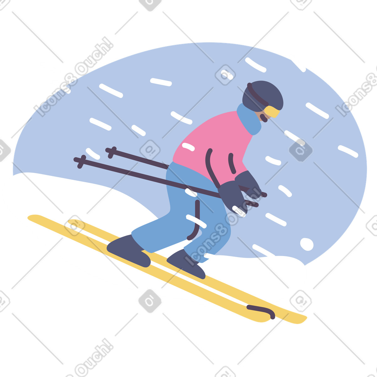 Skier going down the mountain fast in snow illustration Pluto style download PNG, SVG
