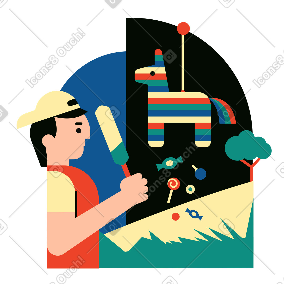 Adolescente che rompe una pinata di festa illustrazione in stile Polar scarica in PNG, SVG