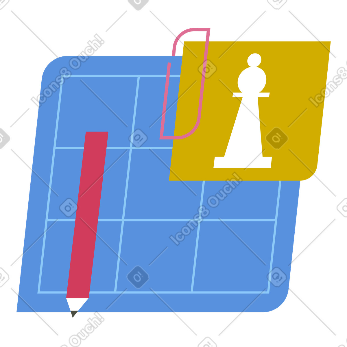 Progetto con matita e pezzo degli scacchi, strategia pianificazione aziendale, definizione obiettivi tattiche aziendali competitive illustrazione in stile Vector scarica in PNG, SVG