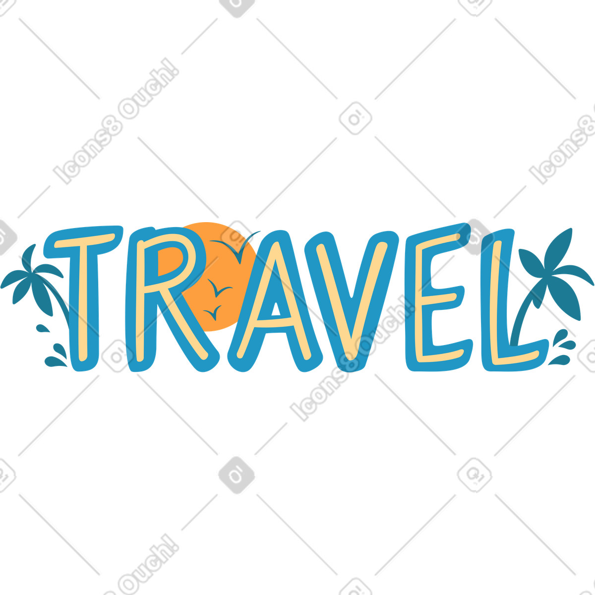 Lettering travel with sun and palms text illustration in style download in PNG, SVG