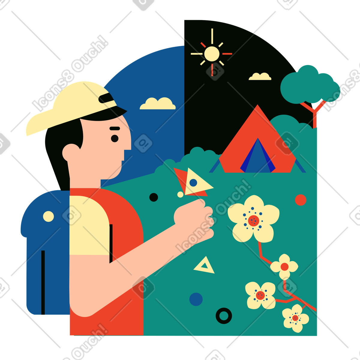 Ilustración Un hombre se encuentra con una mariposa durante excursión en estilo Polar a descargar en PNG y SVG