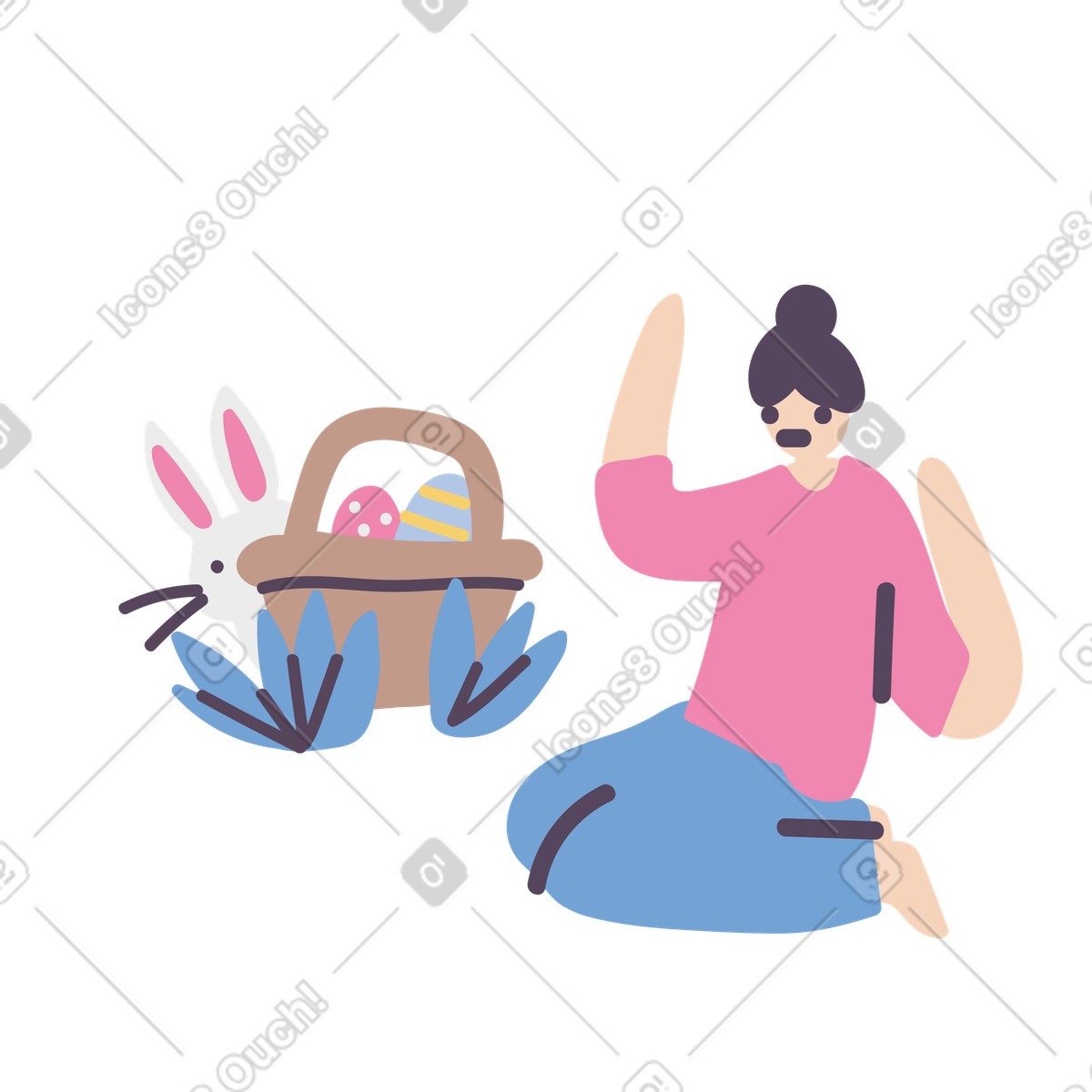 Woman found easter eggs and bunny illustration in Pluto style download in PNG, SVG