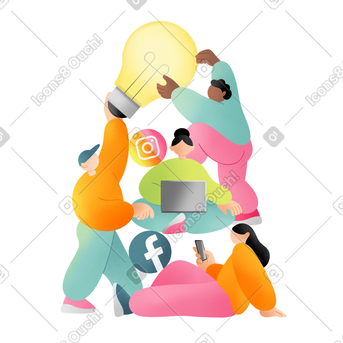 Illustration Collaborative project work, group brainstorming with big idea lightbulb and social media icons dans le style Joy à télécharger aux formats PNG, SVG