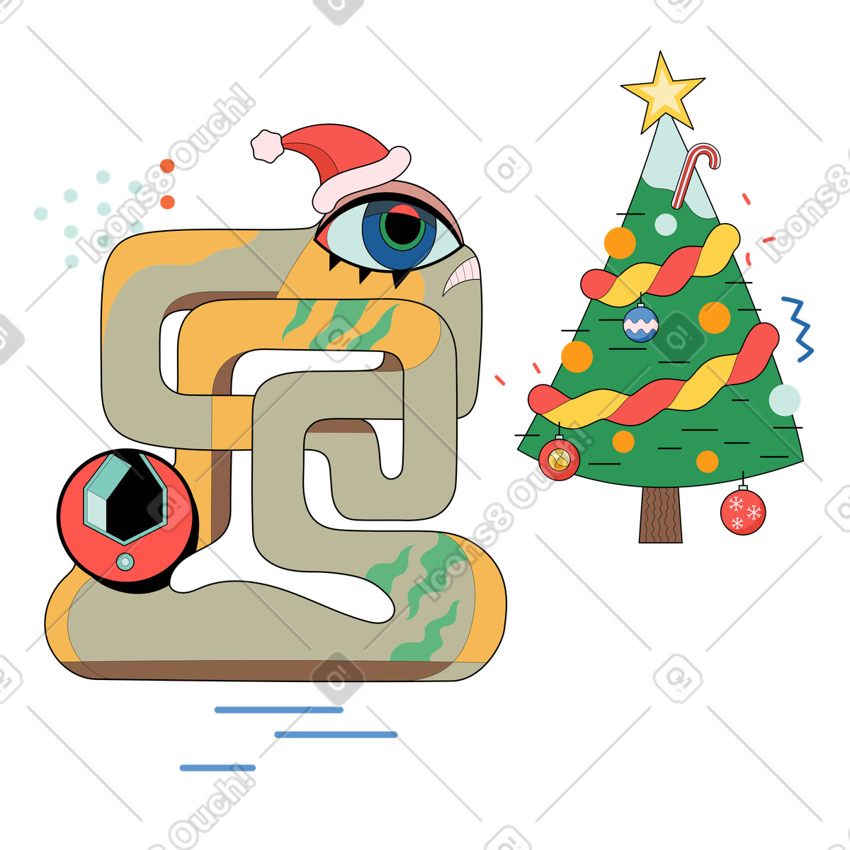 Seltsamer außerirdischer schmückt weihnachtsbaum-Illustration im Surr-Stil als Download in PNG, SVG