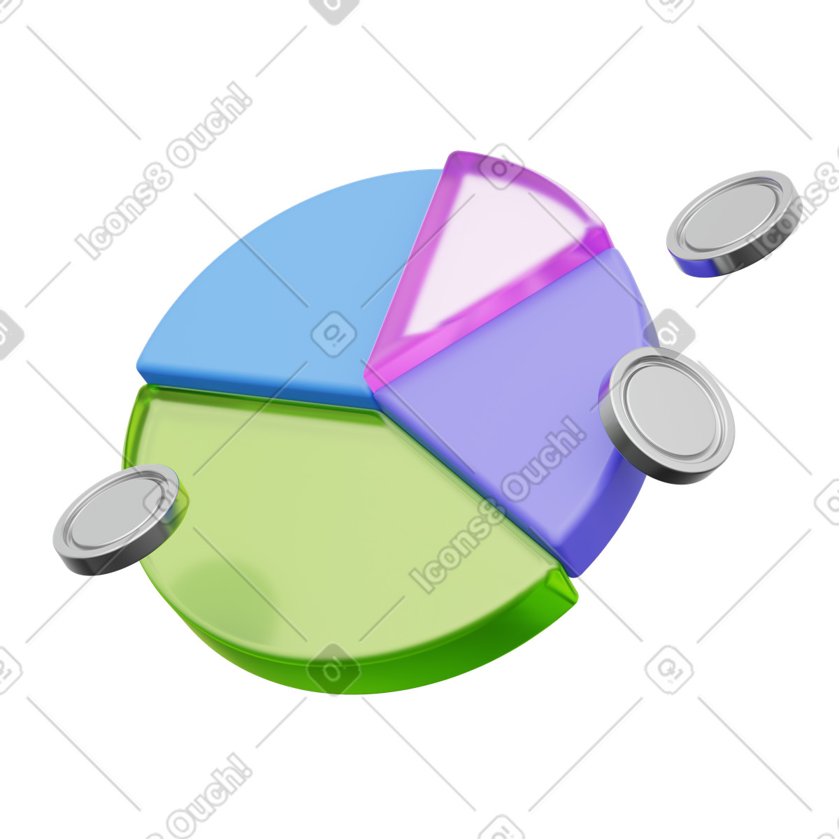 Pie chart with coins, business report, revenue analysis illustration in PNG, SVG