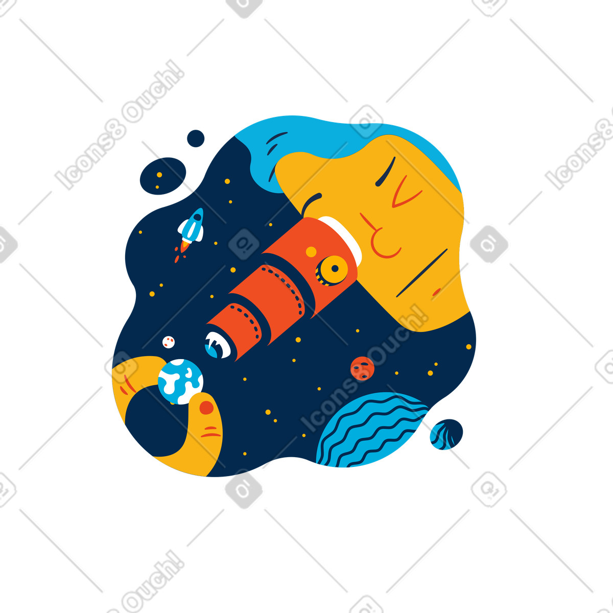 Astronomer exploring the earth through telescope animated illustration in GIF, Lottie (JSON), AE