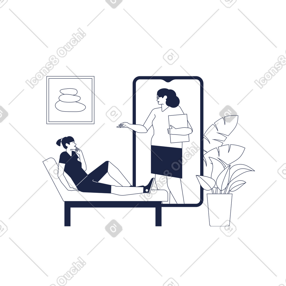 Ilustración Psicólogo en la pantalla del teléfono inteligente que realiza una sesión de psicoterapia línea con mujer el sofá estilo Urban Line a descargar PNG y SVG