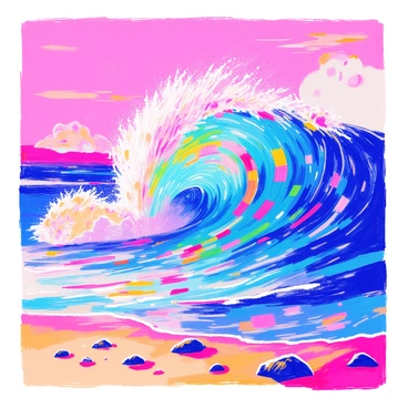 A giant wave made out of pixels crashing under a neon pink sky