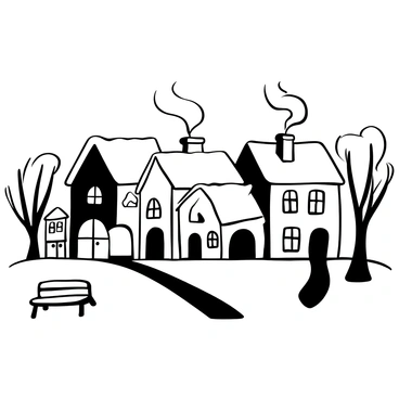 A quaint village blanketed in snow, with snow-covered rooftops on small, charming houses. Smoke rising from chimneys creates a gentle curve in the air. Icicles hang from eaves, glistening in the winter light. Trees are dusted with snow, their branches bending slightly under the weight. A narrow path winds through the village, leading to a small town square where a wooden bench sits, covered in snow.
