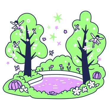 A grove with tall trees surrounding a sparkling pond is filled with fairies dancing. The fairies are small, with delicate wings that shimmer. Some are hovering above the water, while others are perched on the branches of the trees. The pond reflects the light from the fairies, creating a magical atmosphere. Flowers of various shapes and sizes bloom around the edge of the pond, adding to the vivid scene. There are subtle ripples in the water, indicating the movement of small fish swimming beneath the surface.