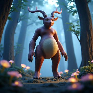 A fantasy creature with a large, exaggerated pelvis structure, showcasing intricate patterns and vibrant colors in its skin. The creature has oversized, elongated limbs adorned with delicate, shimmering scales. Its head features large, expressive eyes and ornate antlers that resemble twisted branches. The creature stands in a mystical forest filled with towering, luminescent trees and softly glowing plants. The forest is shrouded in a gentle mist, adding an ethereal quality to the scene, while glowing orbs float around the creature, illuminating its surroundings.