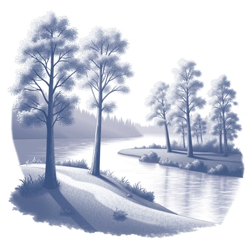 Tall trees lining a peaceful riverbank in a forest setting