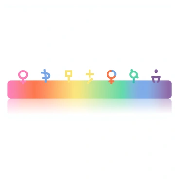 A vibrant rainbow spectrum stretches horizontally across the image. Each color of the rainbow blends seamlessly into the next, creating a smooth gradient. Overlaid on this spectrum are various gender icons, including the male symbol, female symbol, and non-binary symbol, each represented in contrasting colors to stand out clearly against the rainbow background. The icons are evenly distributed across the spectrum, adding a harmonious balance to the colorful display.