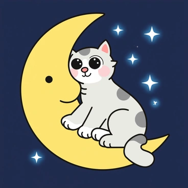 A cute cat with large, sparkling eyes and soft fur, sitting comfortably on a fluffy crescent moon. The moon is bright yellow and has a gentle smile. The cat's fur is a mix of white and gray, and it has a small pink nose. Around the moon, there are several twinkling stars in various sizes, shining with blue and white light. The background is a deep navy blue, enhancing the cheerful glow of the moon and stars. The cat's tail curls around the edge of the moon, adding to the playful scene.