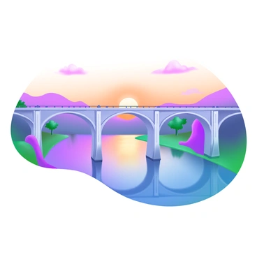 A modern pastel illustration featuring a large concrete bridge with a symmetrical design spanning across a wide river. The bridge has multiple arches and supports, casting reflections on the water below. The sky is filled with shades of orange, pink, and purple as the sun sets on the horizon. Silhouettes of trees and distant hills can be seen on either side of the riverbank. A few clouds scatter across the sky, illuminated by the warm colors of the sunset. The scene conveys a tranquil yet striking atmosphere.