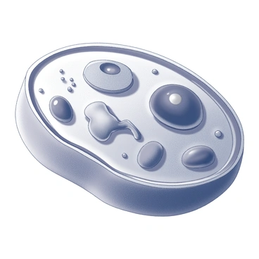 An illustration of an animal cell, depicted in a monochrome drawing style. The cell is shown as a round or oval shape with a distinct plasma membrane. Inside the cell, there are several organelles, including a nucleus prominently placed at the center, which has a nucleolus visible within it. Other organelles such as mitochondria are scattered throughout the cytoplasm, each represented with distinct shapes and textures. The endoplasmic reticulum is illustrated as a network of membranes adjacent to the nucleus. Ribosomes are depicted as small dots throughout the cytoplasm. Each organelle is labeled clearly with precise text, indicating its name and function. The overall representation mimics the appearance of a detailed micrograph, emphasizing the variety of structures within the animal cell.
