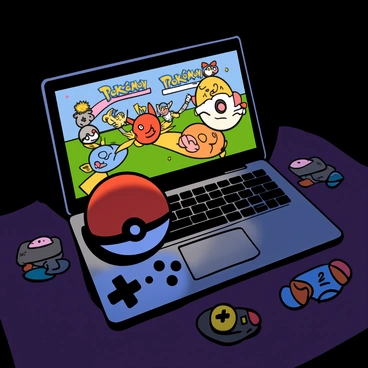 A red and white Poké Ball sitting on a silver laptop. The laptop screen is displaying a vibrant video game battle scene with animated Pokémon characters engaged in combat. The keyboard of the laptop has black keys, and the room is dimly lit, highlighting the glow from the screen. There are game controllers and a few colorful stickers scattered around the laptop, enhancing the gaming atmosphere.