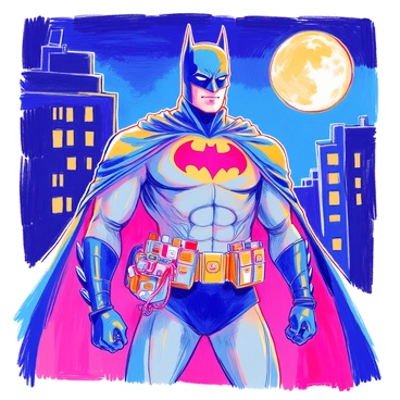 Batman stands in a dynamic pose, showcasing his collection of gadgets. His iconic black costume features a prominent emblem on the chest. The utility belt is the focal point, prominently displayed with various compartments and gadgets, including grappling hooks, batarangs, and smoke pellets. The background includes a dark urban setting, with a faint outline of Gotham City skyscrapers. The night sky is illuminated by a full moon, casting dramatic shadows.