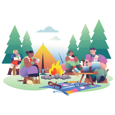 A bustling campsite is set in a clearing surrounded by tall trees. Several people are gathered around a large campfire, cooking food in large pots over the flames. The smell of smoke and food fills the air. Nearby, a man with short, dark hair is carefully repairing a piece of armor, using a hammer and anvil that rest on a wooden table. His focused expression shows his dedication to the task. A woman with braided hair is organizing weapons, laying out swords, shields, and bows on a blanket spread on the grass. In the background, a tent is pitched, with vibrant fabric billowing in the wind. Other figures move about, preparing for battle, creating an atmosphere of activity and camaraderie.