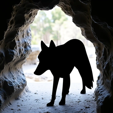 A grey wolf's shadow is displayed on the rough stone walls of a cave entrance. The shadow captures the distinct shape of the wolf, including its pointed ears and elongated snout. The entrance is framed by jagged rocks, with the cave's dark interior visible behind the shadow. Subtle light filters in from outside, creating a stark contrast between the dark shadow and the illuminated rock surface.