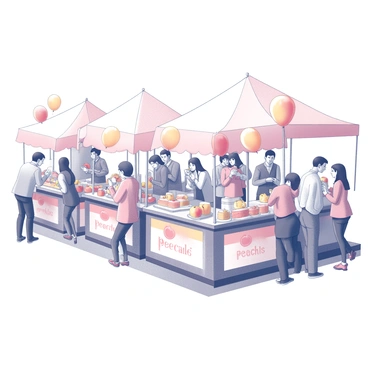 A vibrant outdoor festival scene centered around peaches. There are multiple stalls, each adorned with colorful banners, displaying various peach-themed treats. Balloons in various shapes and sizes float above the stalls, adding a festive atmosphere. Groups of people of different ages are gathered around the stalls, some sampling peach ice cream, others biting into fresh peaches, while a few are chatting and laughing together. The setting is lively with an abundance of peach decorations, creating a joyful and inviting ambiance.