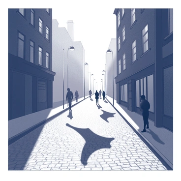 A street scene with cobblestone paving, lined with tall, dark buildings. The street is illuminated by dim streetlights casting long shadows. Shadows stretch across the ground and twist upwards, forming ominous shapes that seem to move independently of their sources. Silhouettes of pedestrians are visible, yet their shadows display unsettling forms, evoking a sense of unease. The atmosphere is thick with tension, accentuated by the stark contrast between light and shadow.