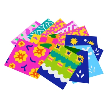 An array of unique textile patterns displayed in a flat lay arrangement. Each pattern features vibrant colors and intricate designs, including geometric shapes, floral motifs, and abstract art. The textiles are neatly arranged, overlapping slightly to create visual interest. Natural light highlights the textures of the fabrics, making the patterns pop. The background is a simple, solid color to emphasize the textiles.