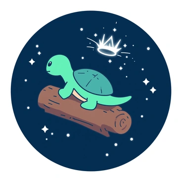 A teal Squirtle is perched on a brown floating log in the vastness of space. The log is surrounded by a scattering of bright white stars that twinkle against the dark backdrop. The Squirtle is looking ahead, focusing on a distant twinkling crown made of shimmering stars, which is glowing softly with a white light. The scene captures the sense of adventure as the Squirtle navigates through the starry field, its shell shimmering under the cosmic light.