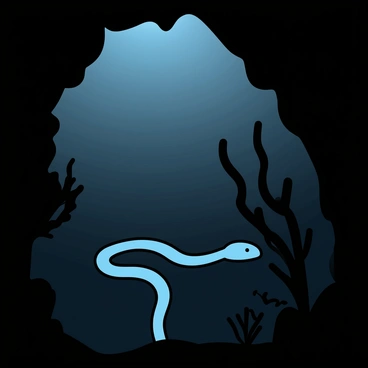 A solitary eel, with elongated body and smooth, shiny skin, is gliding through a dark underwater cave. The cave walls are rugged and jagged, creating an ominous atmosphere. Dim light filters through the water, casting shadows on the eel as it weaves between rock formations. There are faint outlines of coral in the background, adding to the enigma of the setting. The water is clear but dark, emphasizing the isolation of the eel in this mysterious environment.