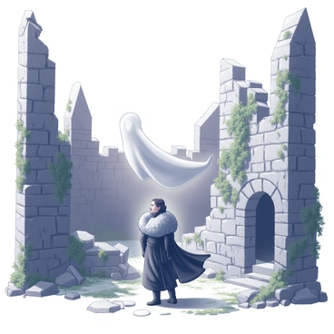 Jon Snow stands in the center of the crumbled remains of an ancient castle, surrounded by broken stone walls and vines that have overtaken the structure. He is dressed in his signature black attire, with a fur-lined cloak billowing slightly in a cold breeze. A ghostly figure hovers before him, its translucent form barely outlined against the dim light. The figure appears ethereal, with a blend of white and gray, giving it an otherworldly presence. The castle's jagged silhouettes create a dramatic backdrop, enhancing the mysterious atmosphere of the scene. Moss and debris scatter across the ground, adding to the ancient and forgotten feel of the location.