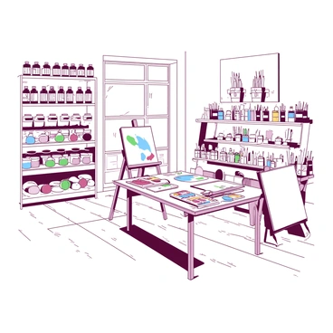 A white art supply store features tall shelves stocked with an array of paints in various containers. The shelves are filled with brushes of different sizes, neatly arranged in holders. Canvases of various sizes are leaning against the walls, showcasing their blank surfaces. The floor is polished wood, reflecting the vibrant colors of the supplies, and a large window allows natural light to illuminate the space. A small display table in the center holds sketchbooks and palettes, inviting customers to explore their creativity.