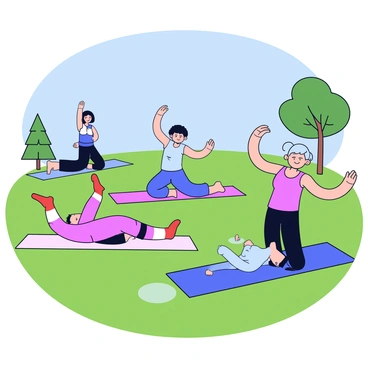 A grassy outdoor setting with several individuals on colorful yoga mats. Each person is performing shoulder rolls, with arms raised and relaxed postures. The sky above is clear and blue. Trees are visible in the background, adding to the natural environment. Each participant wears comfortable athletic clothing, focused on their movements.
