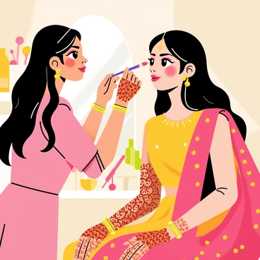 A makeup artist with long black hair is applying bold, colorful makeup to an Indian bride. The bride has long, dark hair styled with traditional embellishments. The makeup artist is using a large brush to apply bright shades of pink and gold eyeshadow on the bride's eyelids. The bride's face is beautifully adorned with intricate henna designs on her hands and arms. Richly colored fabric drapes around the bride, with vibrant patterns reflecting traditional attire. The background features a softly blurred array of makeup tools and a mirror reflecting the scene.