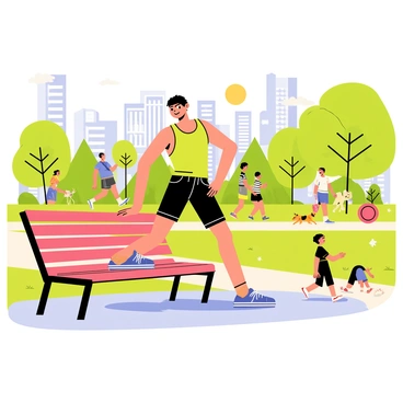 A fitness enthusiast with short, dark hair is performing step-ups on a wooden city bench. The individual is wearing a bright green tank top and black athletic shorts, showcasing their toned physique. Surrounding the bench, a bustling urban park is filled with various trees and flower beds. In the background, several people are walking their dogs and jogging along the pathway. A couple of children are playing with a red frisbee nearby. The sky is partly cloudy, and the sun casts playful shadows on the ground.