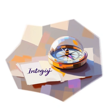 A vintage compass resting on a wooden surface, featuring intricate engravings around its metallic edges. The compass has a glass cover that reflects light, and its needle glows brightly, casting a subtle light on the surface beneath it. The needle is precisely pointing towards the word "Integrity," which is elegantly inscribed in a calligraphic font nearby. The background is softly focused, drawing attention to the compass and the illuminated needle, enhancing the significance of the word.