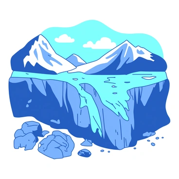 A blue glacier is slowly retreating, revealing large patches of gray bare rock beneath. The glacier has sharp edges and deep crevices, reflecting the sunlight. In the foreground, scattered stones and small boulders are visible on the rocky surface. The background features towering mountains with patches of white snow at their peaks, contrasting with the exposed rock below. The sky above is clear, with a few fluffy white clouds floating gently.