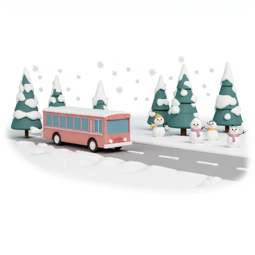 A bus, with a bright red exterior, is driving along a snow-covered road surrounded by tall evergreen trees that are blanketed in thick snow. The bus is leaving a trail of tire marks in the fresh snow. Alongside the road, there are several playful snowmen wearing colorful scarves and hats, some with twig arms raised in a cheerful manner. The scene captures the essence of a winter wonderland, with soft snowflakes gently falling from the overcast sky, adding to the magical atmosphere.