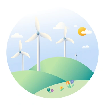 A group of tall wind turbines with white blades is situated on a gently rolling green hill. The turbines are actively spinning, generating energy against a clear blue sky. The sun is shining brightly, casting soft shadows on the ground. In the foreground, there are patches of wildflowers in various colors, including yellow and purple, adding vibrancy to the landscape. In the distance, a few fluffy white clouds float peacefully in the sky. The overall scene conveys a sense of clean energy and natural beauty.