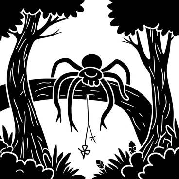 A giant spider with long, intricate legs rests on a thick branch among ancient trees. The trees have gnarled bark and twisting roots, their trunks towering high into the dark forest. Dense foliage surrounds the spider, with leaves casting shadows in the low light. A mist hangs low to the ground, creating an air of mystery, as the spider's web glistens faintly between the branches.