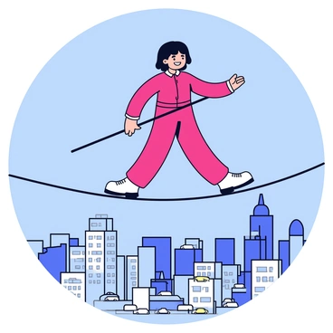 A person walking a tightrope stretched high above a city. The individual is wearing a bright red outfit and has a look of concentration on their face as they balance precariously. In their hands, they hold a long pole, which helps them maintain stability. Below them is a sprawling cityscape with tall buildings and tiny cars that look like toys. The sky is a clear blue, creating a sharp contrast against the urban environment.