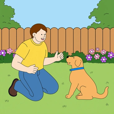 A dog trainer with light skin and short brown hair, wearing a bright yellow t-shirt and blue jeans, is kneeling on the soft green grass of a sunny backyard. The trainer is demonstrating an obedience command to a small golden retriever puppy, which is sitting attentively with its ears perked up. The puppy has a shiny coat and is wearing a blue collar. Surrounding them are colorful flowers in various shades of pink and purple, and a wooden fence can be seen in the background under a clear blue sky. A few toys are scattered around the area, adding a playful touch to the scene.
