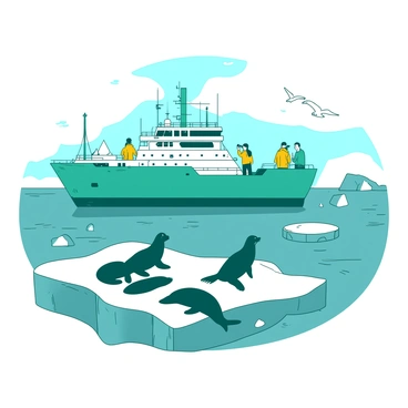 A teal arctic research ship is navigating through icy waters surrounded by floating icebergs. The ship is equipped with scientific instruments on the deck, and several researchers in yellow jackets are observing the wildlife with binoculars. In the foreground, a group of seals is lounging on a large piece of ice, while a few seabirds are flying overhead. The sky is clear with a hint of clouds, providing a bright atmosphere for the scene.