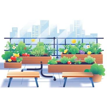 A vibrant urban rooftop garden is filled with a variety of lush green plants and colorful flowers. There are raised wooden planter boxes brimming with herbs and vegetables, such as tomatoes and basil. In the center, a solar-powered water irrigation system is visible, with sleek black tubes running through the soil. The sunlight shines down on the garden, casting soft shadows. A couple of small benches made from reclaimed wood provide a cozy seating area. In the background, the city skyline can be seen, with tall buildings framed against a clear blue sky.