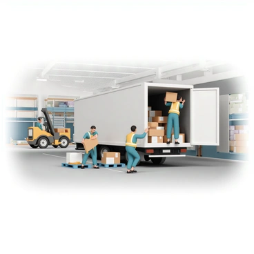 Several workers, wearing blue uniforms and safety vests, are diligently loading a variety of goods onto a large cargo truck parked at a warehouse dock. One worker is lifting a heavy box and carefully placing it inside the truck, while another is organizing smaller packages on a pallet nearby. The warehouse has high ceilings and large shelves filled with goods, and there is a forklift maneuvering in the background, assisting in the loading process. The scene is busy, with a sense of teamwork and efficiency as the workers communicate with each other.