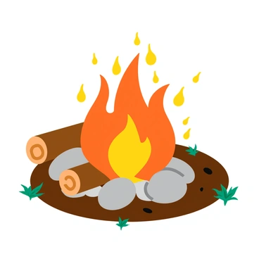 A campfire with bright orange and yellow flames that twist and dance in the air. The flames create playful shapes and faces, with some resembling animals and others resembling whimsical characters. The fire is surrounded by smooth, rounded stones arranged in a circle, and small logs are positioned next to the fire, ready to be added. The ground is covered with a layer of dark brown dirt, with a few scattered pine needles and small twigs. The scene is set under a clear night sky filled with twinkling stars.
