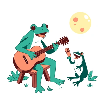 A teal frog is sitting on a small wooden stool, holding a miniature orange guitar with its webbed hands. The frog has a joyful expression on its face as it strums the guitar strings. Next to the frog, a white toad is standing on its hind legs, singing enthusiastically into an orange microphone. The scene is illuminated by the soft glow of the moonlight, which casts a gentle light over the two amphibians. The background features a few leaves and grass, creating a natural setting for this musical performance.