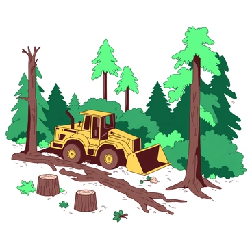 A yellow bulldozer is pushing through a dense tropical rainforest, leaving a trail of freshly cut tree stumps behind. The tall trunks of the trees are marked with saw cuts, while branches and leaves scatter on the ground around the machine. In the background, a few remaining trees stand tall, their green canopies contrasting against the starkness of the cleared area. The sky above is clear, allowing sunlight to flood the scene, highlighting the contrast between the lush vegetation and the barren land.
