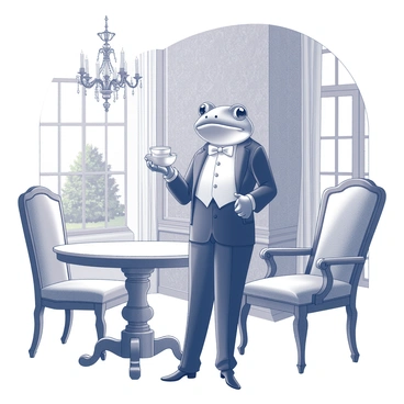 A distinguished toad dressed in a formal black tuxedo stands beside a polished wooden tea table. The toad holds a delicate porcelain teapot with one hand and a matching cup with the other, preparing to serve tea to an unseen guest. The manor features elegant décor with ornate wallpaper and a grand chandelier hanging from the ceiling. The background includes a large window showing a glimpse of a well-manicured garden outside. The scene captures the poised demeanor of the toad, embodying the role of a refined butler.