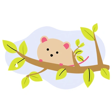 A playful shrew with a tiny, rounded body and large ears is balancing on a sturdy tree branch. The shrew has a light brown fur coat with a slightly darker snout. Surrounding the branch are vibrant green leaves in various shapes and sizes, some with drops of water glistening on their surfaces. The background features a soft blue sky, enhancing the cheerful atmosphere of the scene. The shrew's expression is curious and lively as it holds its balance among the lush foliage.