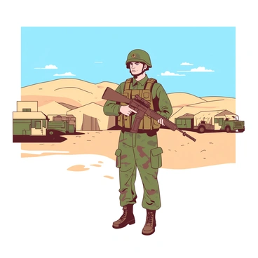 A soldier in a camouflage uniform is standing guard in a desert environment. The soldier has a determined expression and is holding a rifle at the ready. Behind the soldier, there are sand dunes stretching in the distance, with a clear blue sky above. To the side, a military base is visible, featuring tents and vehicles, all blending into the sandy landscape. The heat of the desert is apparent, with mirages shimmering on the horizon.